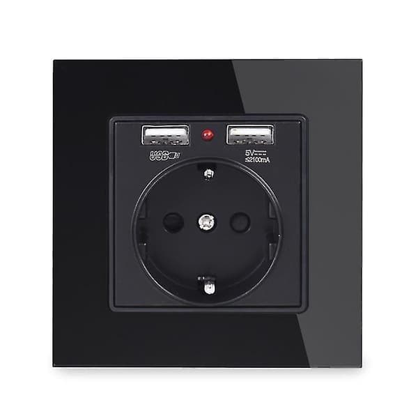 Dobbelt USB-ladeport, 16A Væg EU Stikkontakt - Glas & PC Panel