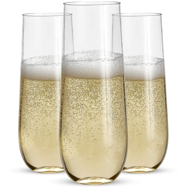 24 stamlösa champagneflöjter i plast - 9 oz champagneglas i plast | Klara okrossbara rostningsglas engångsglas för bröllop eller fest