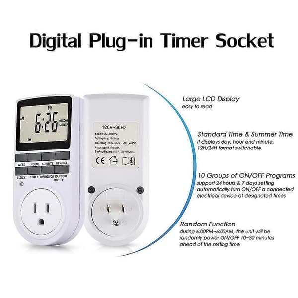 Pakke med 2 digitale plug-in timerstikkontakter, LCD-skjerm, 10 programmerbare koblingsprogrammer, 24 timer og 7 dager, energibesparende timerstikkontakt for elektriske apparater