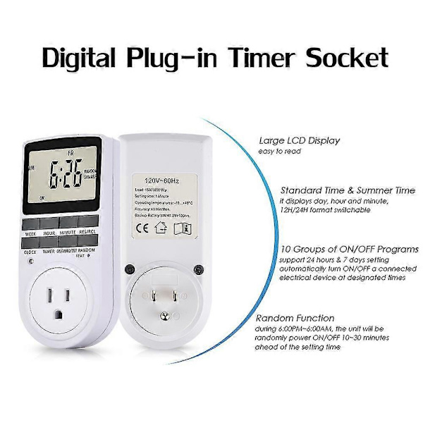 Pakke med 2 digitale stikdåser med timer, LCD-display, 10 programmerbare koblingsprogrammer, 24 timer og 7 dage, energibesparende timerstik til elektriske apparater