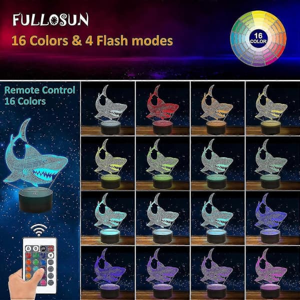 Shark 3D Illusjon Nattlys Dyr Touch Bordlampe, Med Fjernkontroll Acsergery Gave