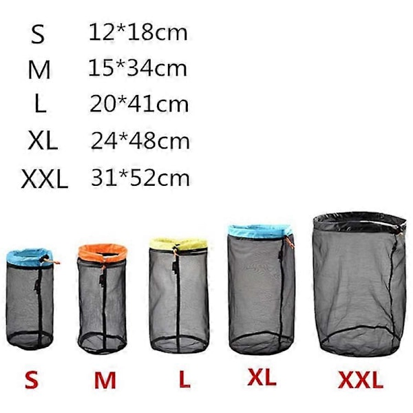 Netting Fyllpose Sett (&L&XL&XXL) Nylon Netting Snøring Oppbevaringspose, Egnet for Campingtur, Fottur