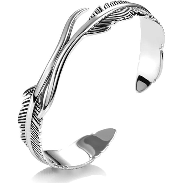 Sølvfjærarmbånd for menn, justerbart sølvarmbånd, vintage fjærman mansjettarmbånd