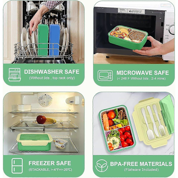 Bento Box Matlåda för Barn Vuxna, 1100 ML Bento Matlåda för Barn 3 Fack med Bestick och Matkasse, Läcksäker BPA-fri (Grön)