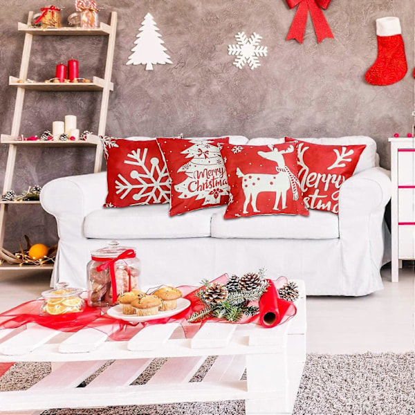 4 stk Juleputetrekk Lin Høyde Putetrekk Rød Hvit Putetrekk Snøfnugg Putetrekk, for Sofa Seng God Jul Dekorasjon