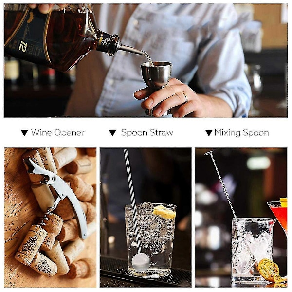 Cocktail Sæt, Cocktail Shakersæt i Rustfrit Stål, 15 Dele Bartendersæt Med Bambusstativ, Opskriftsbog, Målebæger og Barske, 550 ml Cocktail