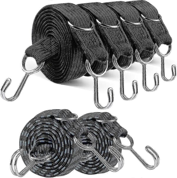 Set med 6 buntband med krokar, 4 extra långa elastiska remmar och 2 blå elastiska band på 2 m