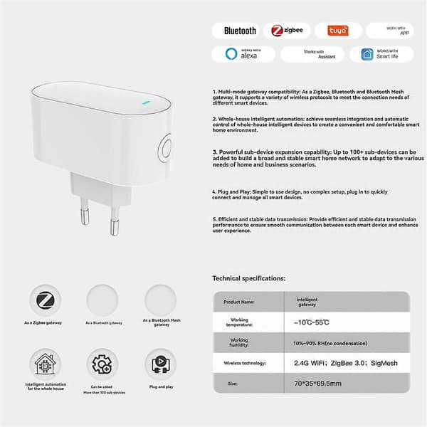 Tuya ZigBee Gateway Hub Multi-Mode ZigBee Gateway Bridge Bluetooth Mesh Hub til Smart Home Automatisering