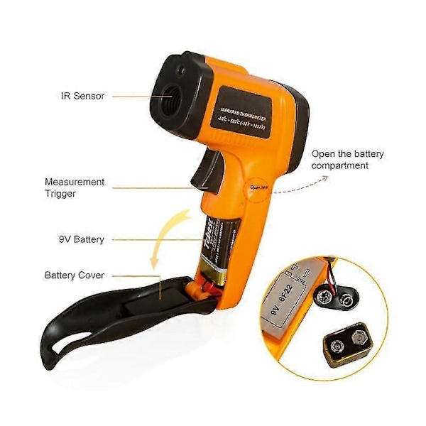 (Ej för människokroppen) Infraröd termometer, kontaktlös digital lasertemperaturpistol -58f till 1022f (-50c till 550c) med LCD-display 1st-gul