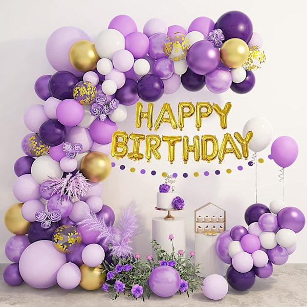 Lilla Gull Bursdagsdekorasjoner, Lilla Ballonger Garland Bue Sett For Kvinner Lilla Og Gull Konfetti Latex Ballonger Gratulerer Med Dagen Folie Ballonger Bann