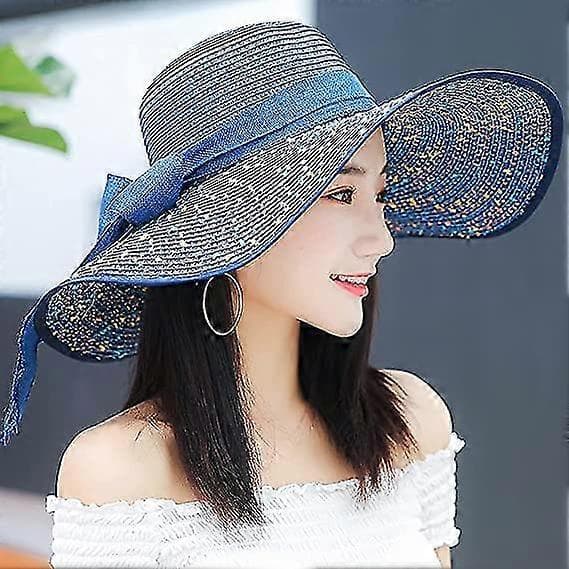 Dame Bredskygget Solbeskyttelse Stor Sløjfe Stråhat, Foldbar Floppy Hat, Sommer UV-beskyttelse Upf50+