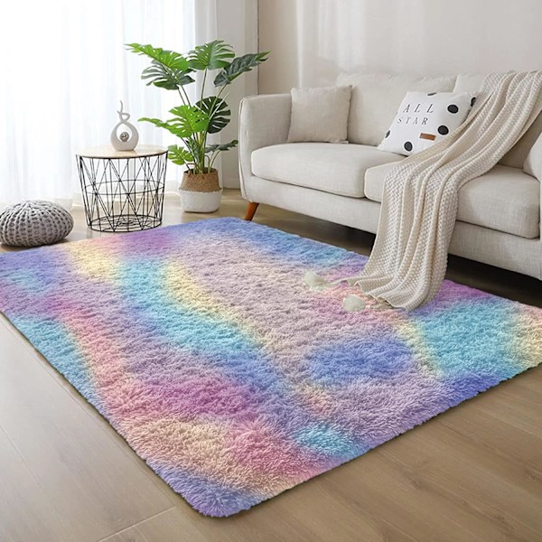 Fluffy teppe stue – soverom supermyk lodne teppe 80cm x 150cm sklisikker – moderne plysj teppe ikke-felling lett rengjøringsteppe, regnbuefarger