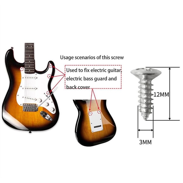 100 stk Gitar- og Bass-Pickguard Skruer for Strat & Tele, sølv