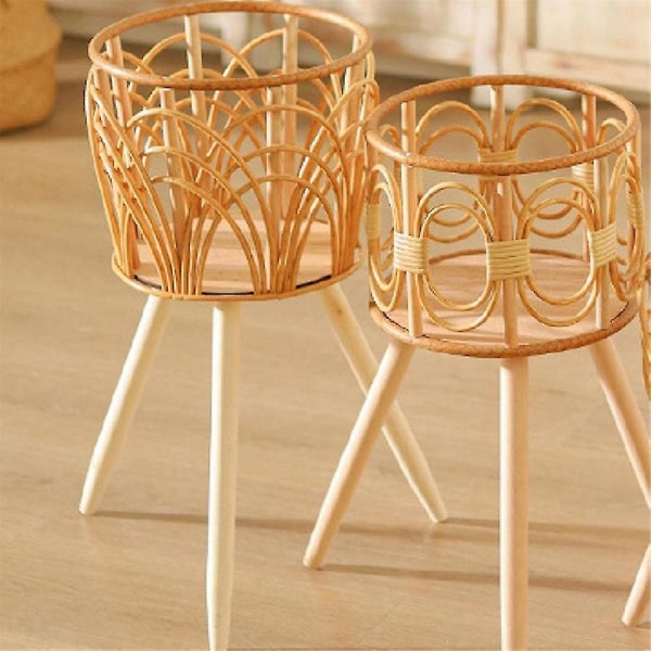 Rattan Innendørs Plantestativ Halmvevde Blomsterpotteholder Krakk Med Ben Gulvplanter Kurver Stativ Trehylle A