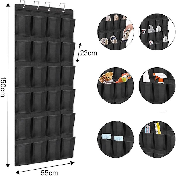 Ripustettava kenkäteline, 24 taskua ripustusvarastotasku, oven yli, seinälle ripustettava vaatekaappi, mustat suuret verkkotaskut (musta) 1 kpl)