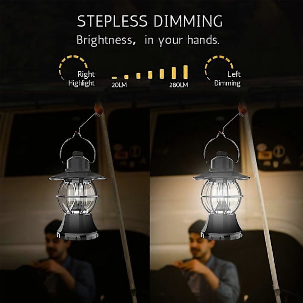 Hängande Campinglykta Uppladdningsbar Lampa Utomhus Liv Ögonskydd Varmt Ljus Läsning-Svart