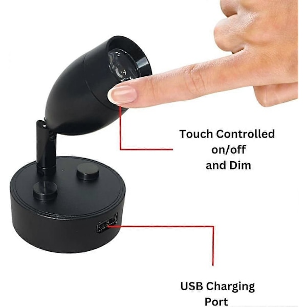 LED Leselys 12V-24V 3W Svart Spotlight, Berøringskontrollert Bryter, USB-Lading, For Caravan Bobil Båt Sengelampe