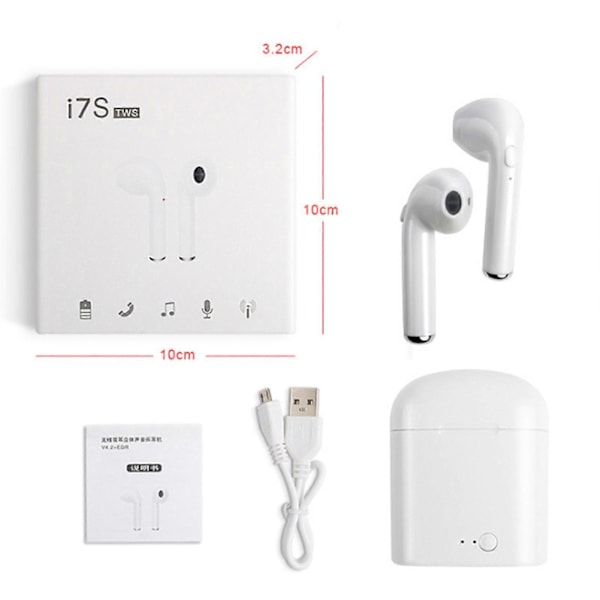 I7S langattomat Bluetooth-stereokuulokkeet, vakaa Bluetooth 5.0 -kuulokkeet latauskotelolla urheiluun, valkoinen