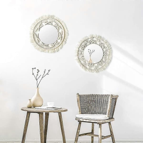 Set med 2 handgjorda väggspeglar med rund tofs för lägenhet, vardagsrum, sovrum, sovrum, modern heminredning