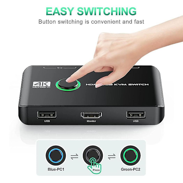 4k Kvm Switch Usb-kompatible switcher for 2 datamaskiner deler tastatur mus skriver og skjerm, støtter 4k@60hz