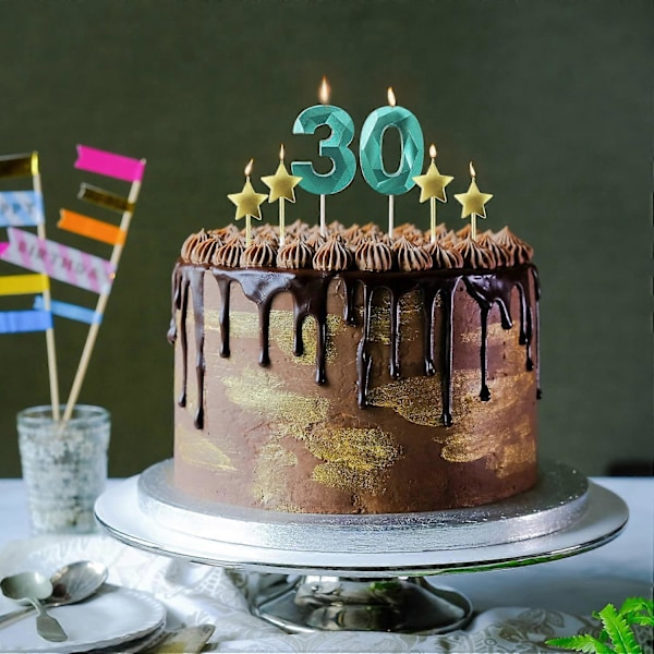 Vihreä Numero 5 Syntymäpäiväkynttilät ja Tähti Syntymäpäiväkynttilät 7 cm Syntymäpäiväkakun Kynttilät 3D Timanttimuotoiset Kynttilät Sopivat Syntymäpäiväjuhliin