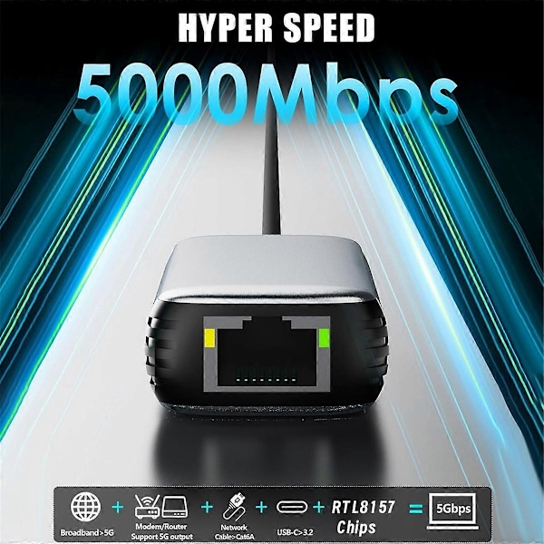 USB 3.2 til 5Gbps Ethernet-adapter RTL8157 5000Mbps RJ45 Nettverkskonverter for bærbar PC Støtter 5G, 2.5