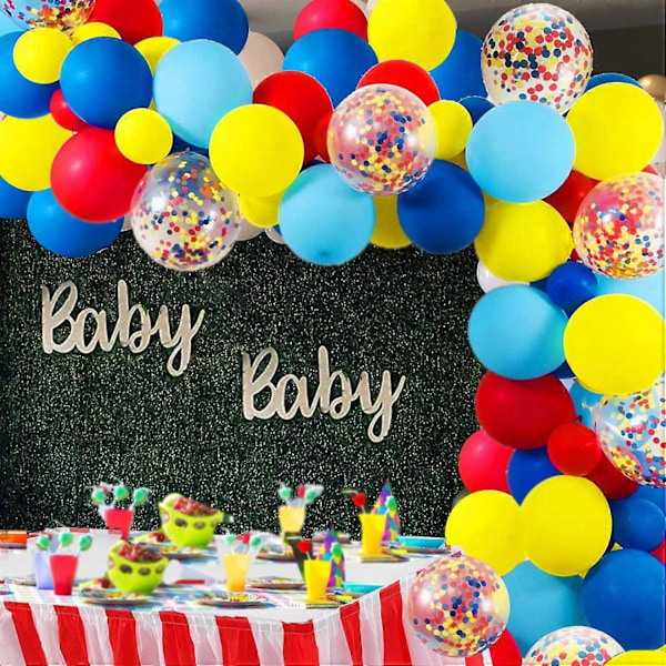 105 Pack Röda Blå Gula Latexballonger och Regnbågsfärgade Konfettiballonger för Karneval Baby Shower Bröllop