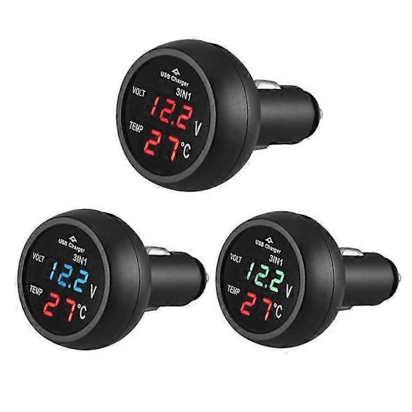 3-i-1 LED USB Billaddare Voltmeter Termometer Bilbatteriövervakare LCD Digital Dubbel Display 12V/24V Digital Mätare Övervakare