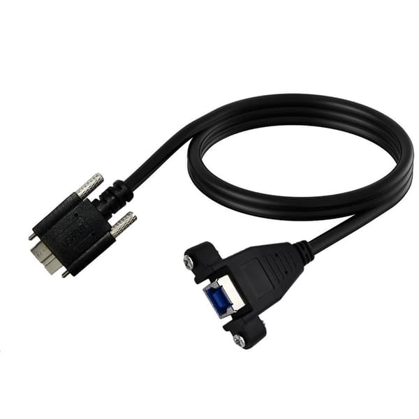 5Gbps nopeuksinen USB 3.0 -datakaapeli kiinnitysruuveilla, USB B naaras–micro B uros -adapterikaapeli.