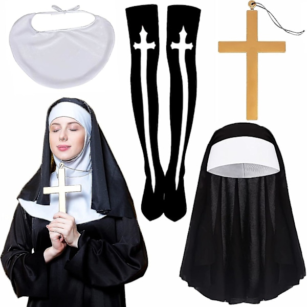 4 Pieces Nun Costume Set, Nun Hat Nun Collar Cross Pendent Necklace Knee Thigh High Socks For Halloween Cosplay Women Fancy Dress Up Costume Accessori