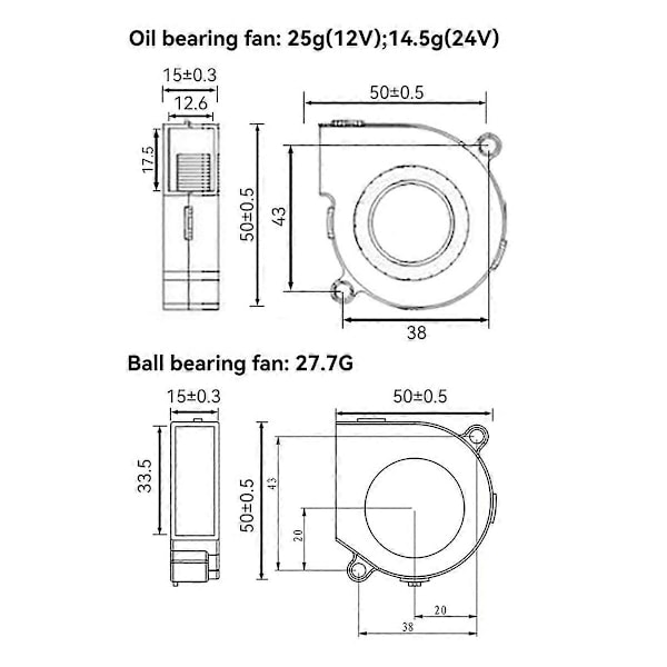 3D Printer Køleventilator 12V, 5015 Turbo Blæser, 2-Pin Stik