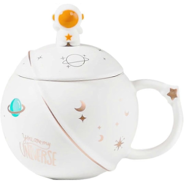 Søt Astronautkopp med Lokk og Skje, Kawaii Kopp Nyhetskopp for Kaffe, Te og Melk, Kopp Gave