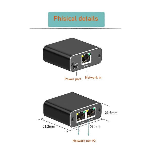 Ethernet Splitter 1 til 2 Højhastigheds Ethernet Switch 1000Mbps 2 Port Gigabit Ethernet Splitter Splitter med Strømkabel