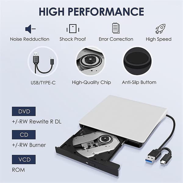 Ekstern CD DVD +/-RW Drev, USB 3.0 & USB-C Bærbar CD & DVD ROM Brænder Afspiller Læser Skriver Rewr