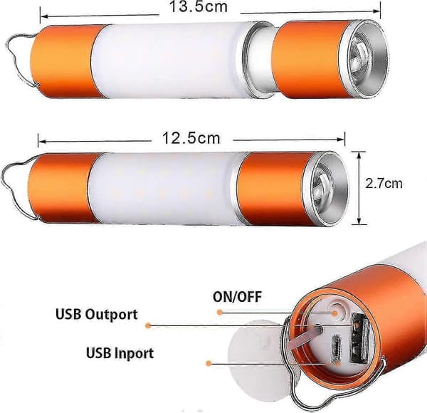 LED-lampe, 6 moduser, USB-oppladbar, multifunksjonsblits med USB-porter for, Hi