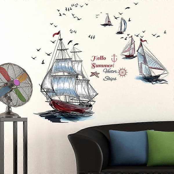 Seinätarrat Suuri Vene Kala Meri Valtameri Vedenpitävät Tarrat Seinätarra Kylpyhuoneen Laattaan, 90*60cm