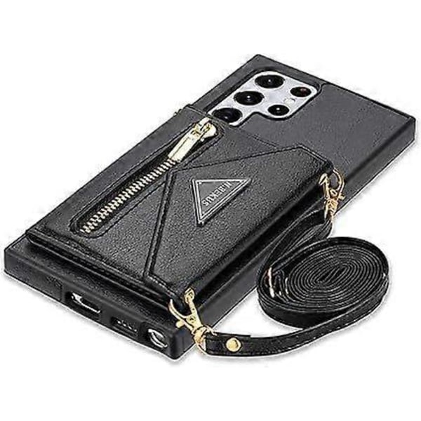 PU Lær Lommebokdeksel for Samsung Galaxy S21 Ultra 5G Crossbody Veske med Kredittkort Holder 6.8'', Dame Jente Glidelås Lommebok Stativ Deksel (svart,S