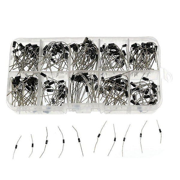 200 stk. 10 Værdier Ensretterdiode Assorteret Sæt 1N4001 1N4002 1N4003 1N4004 1N4005 1N4006 1N4007 1N5817 1N5818 1N5819