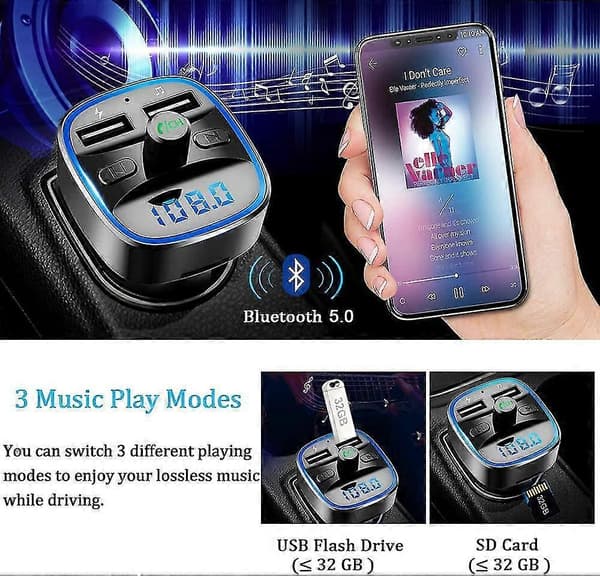 Bluetooth FM-sender, Bluetooth 5.0 Bilradioadapter MP3-afspiller Trådløst Håndsfrit Sæt, Cigarettænderoplader med Dobbelt USB-porte 5V/2.4A1A,s