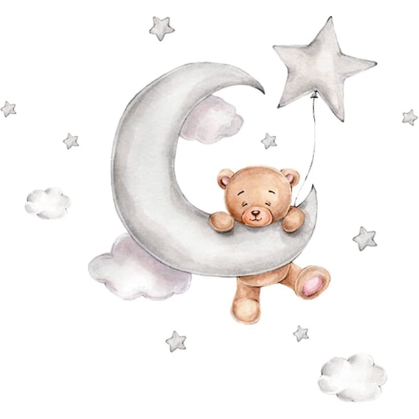 Nallekarhu seinätarrat Irrotettavat lasten seinätarrat Moon Cloud Cute Bear Star Kids Moon Cloud seinätarrat seinille ovet 3kpl-monivärinen)