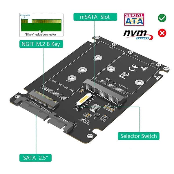 2-in-1 yhdistelmä M.2 NGFF Key B & MSATA SSD - 2.5 SATA3 -adapteri