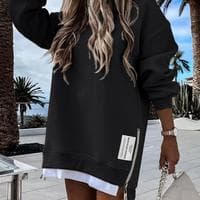 ChicMe 2025 Dame Langærmet Pullover Sweatshirt Lynlås Slids Afslappet Kjole Drop Shoulder Oversized Outfit Black XL