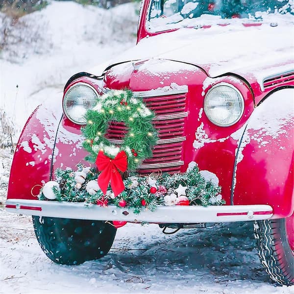 Julekrans til bil, lastebil, SUV med LED-lys, dekorasjon til grill, bil, allværs, vinter