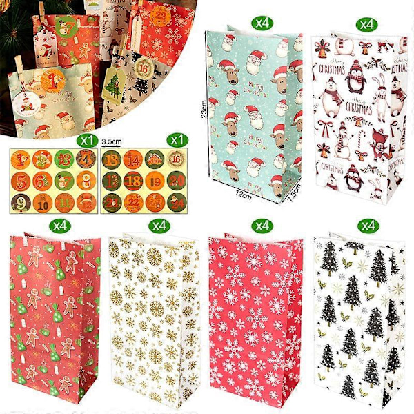 24 stk Julepapirposer Multipakke, Juleposer Små Gaveposer med Tetningsklistremerker, Julerisposer Festposer Godteribehandler Gave