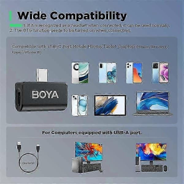 BOYA Omic-U 2 Sender + 1 USB-C Mottaker, Knappformet Trådløs Lavalier-mikrofon