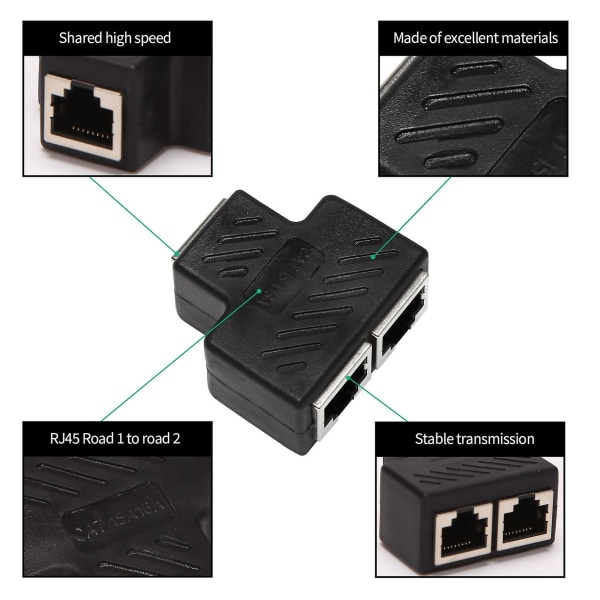 2 Ports RJ45 Splitter Adapter Lan Netværk Ethernet Forlænger Stik Sæt 1 stk