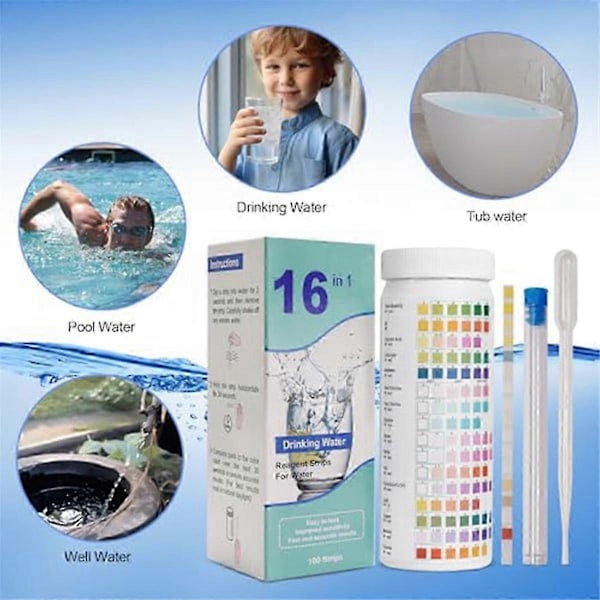 16-i-1 Vandteststrips, drikkevandstestkit, 100 strips hjemmevandkvalitetstestkit