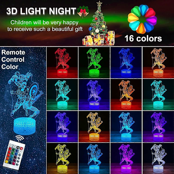 Pojkpresent Nattlampa för Barnrum LED Dekoration 3D Illusionlampa med Fjärrkontroll/16 Färger Sänglampor som Födelsedagspresenter eller Julpresenter