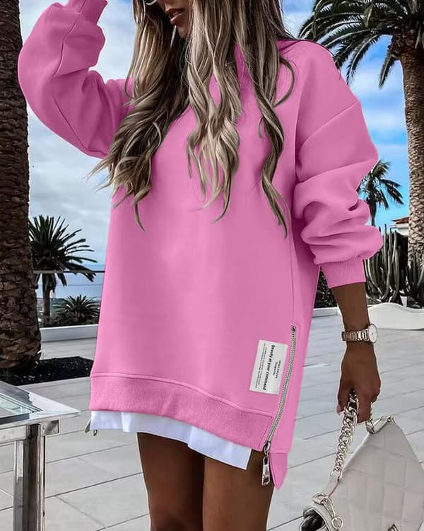 ChicMe 2025 Dame Langærmet Pullover Sweatshirt Lynlås Slids Afslappet Kjole Drop Shoulder Oversized Outfit Apricot XL