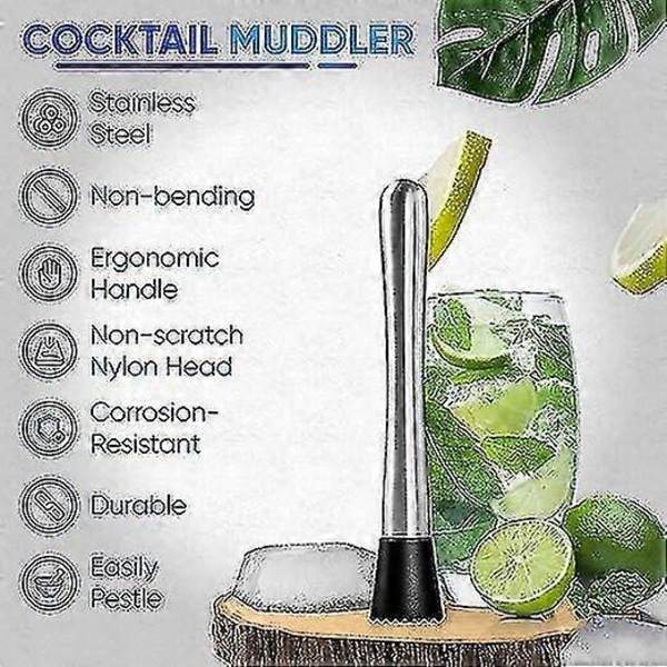 Cocktail Muddler i rustfrit stål, Cocktail Muddler, Limepresser, Bartender Muddler, Cocktail Muddler, Håndrører, Limepresser, Lille isknuser, He